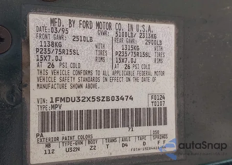 1995 Ford Explorer from USA, damaged, VIN 1FMDU32X5SZB03474